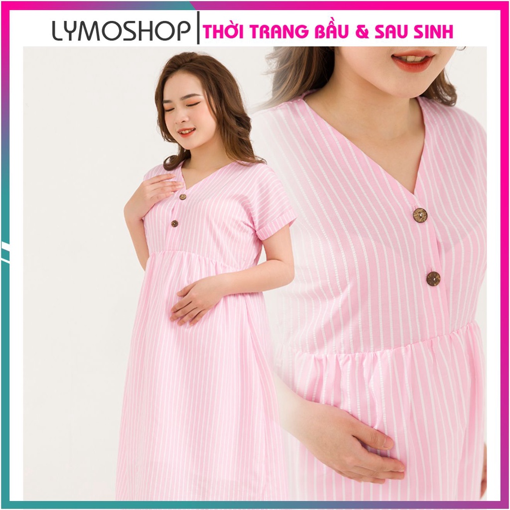 Đầm bầu thiết kế dáng baybydoll MOLYS M2451 cúc giữa vải thô đũi hồng phấn đủ size