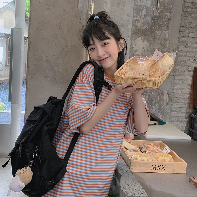 SUXI Áo Thun Tay Ngắn Cổ Tròn Dáng Rộng Họa Tiết Kẻ Sọc Màu Sắc Thời Trang Mùa Hè Xinh Xắn