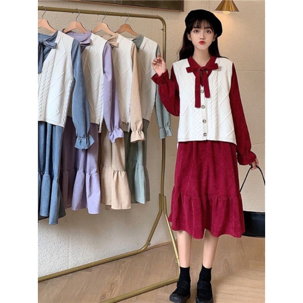 Áo vest mới ngọt ngào và giảm tuổi tác giữa nơ vải dài tay váy dài tay