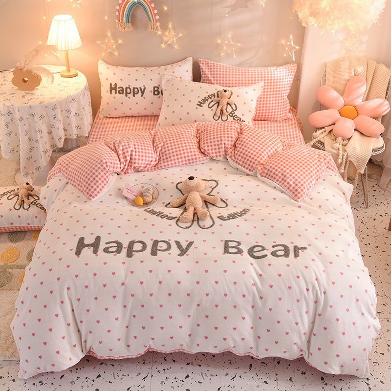Set 4 món nỉ nhung gấu Happy Bear siêu cấp mềm mịn - Hàng nhập khẩu