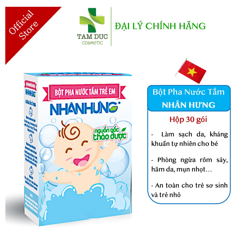 Bột Pha Nước Tắm Trẻ Em NHÂN HƯNG [Hộp 30 gói] - Làm sạch da bé, chống rôm sảy, ngứa, hăm