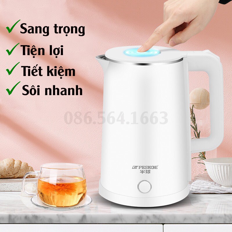 Ấm Siêu Tốc - Ấm Đun Nước Inox Tự Động Ngắt An Toàn Công Suất Lớn 1500W Dung Tích 2L - Sôi Nhanh Tiết Kiệm Điện