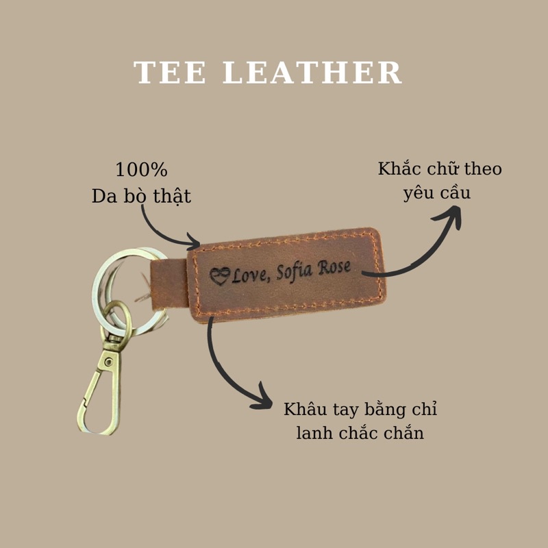 Móc khoá TEE LEATHER khắc tên theo yêu cầu da bò thật siêu bền, móc khóa quà tặng đặc biệt