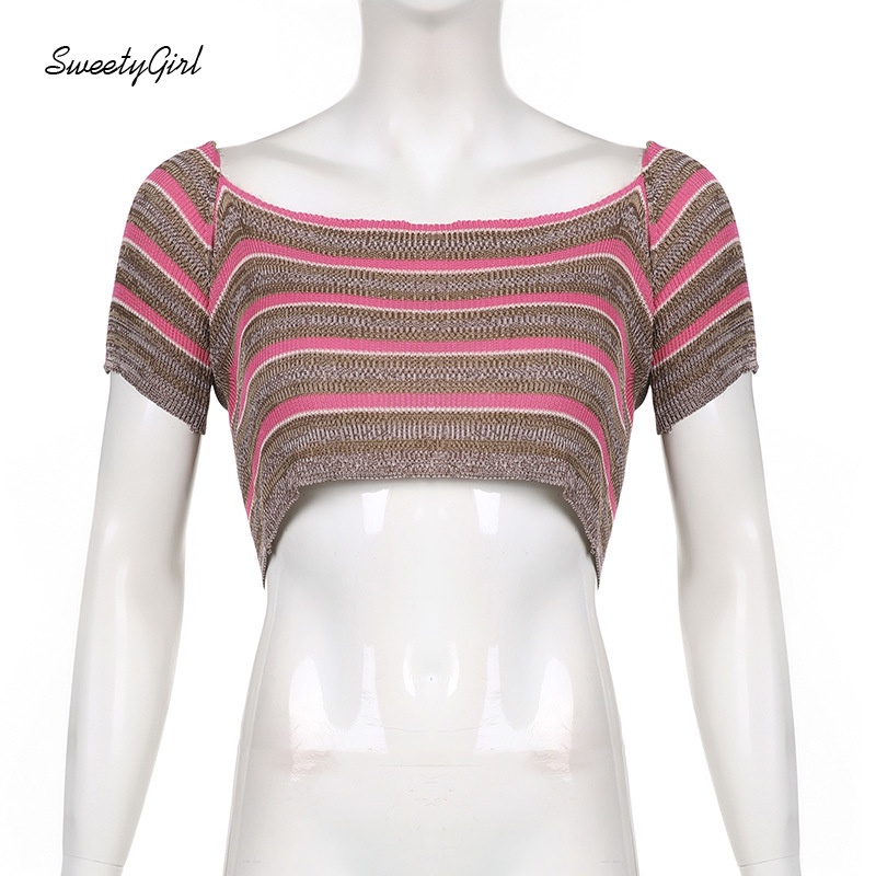 Áo Croptop Cổ Chữ U Tay Ngắn Họa Tiết Kẻ Sọc Màu Sắc Tương Phản Thời Trang Dành Cho Nữ 2022