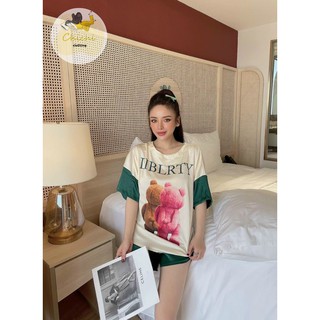 Đồ bộ ngủ pijama đùi lụa latin gấu họa tiết tay xẻ xinh xắn