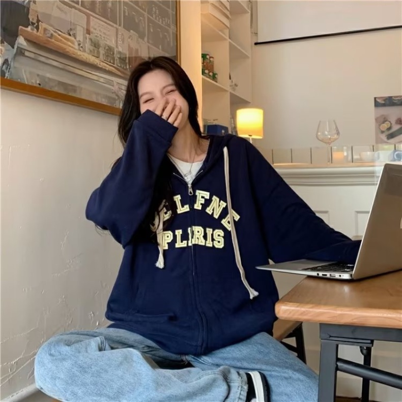 Áo Khoác hoodie Tay Dài Có Khóa Kéo In Chữ Phong Cách Hàn Quốc Thời Trang Cho Nam Và Nữ