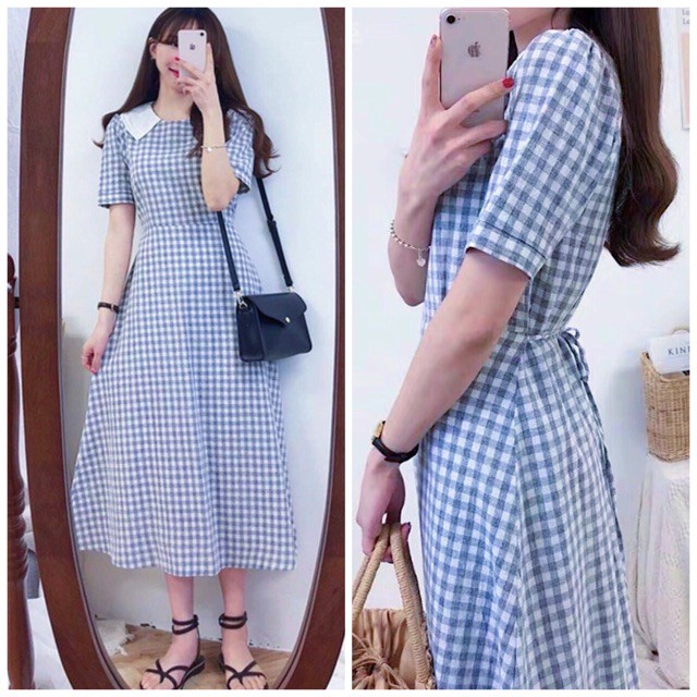 Đầm caro xanh phối trắng