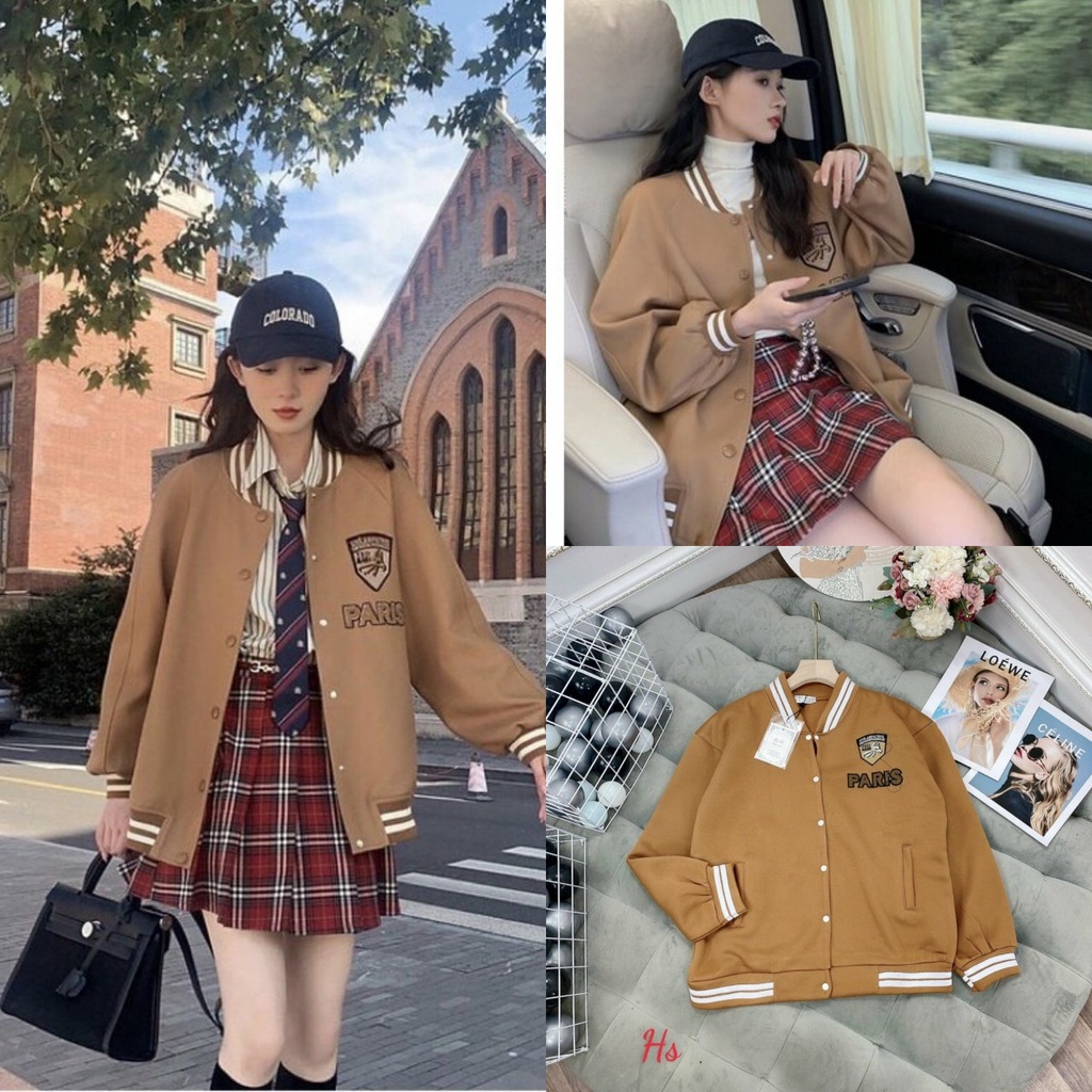 Áo Bomber Ulzzang nâu nữ Paris ngực cúc bấm - dáng rộng thêu Logo