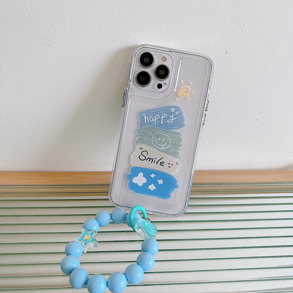 Ốp Điện Thoại Tpu Silicon Mềm Trong Suốt Hình Mặt Cười Đơn Giản Có Dây Đeo Ngọc Trai Cho iPhone 11 12 13 14 Pro XS Max XR