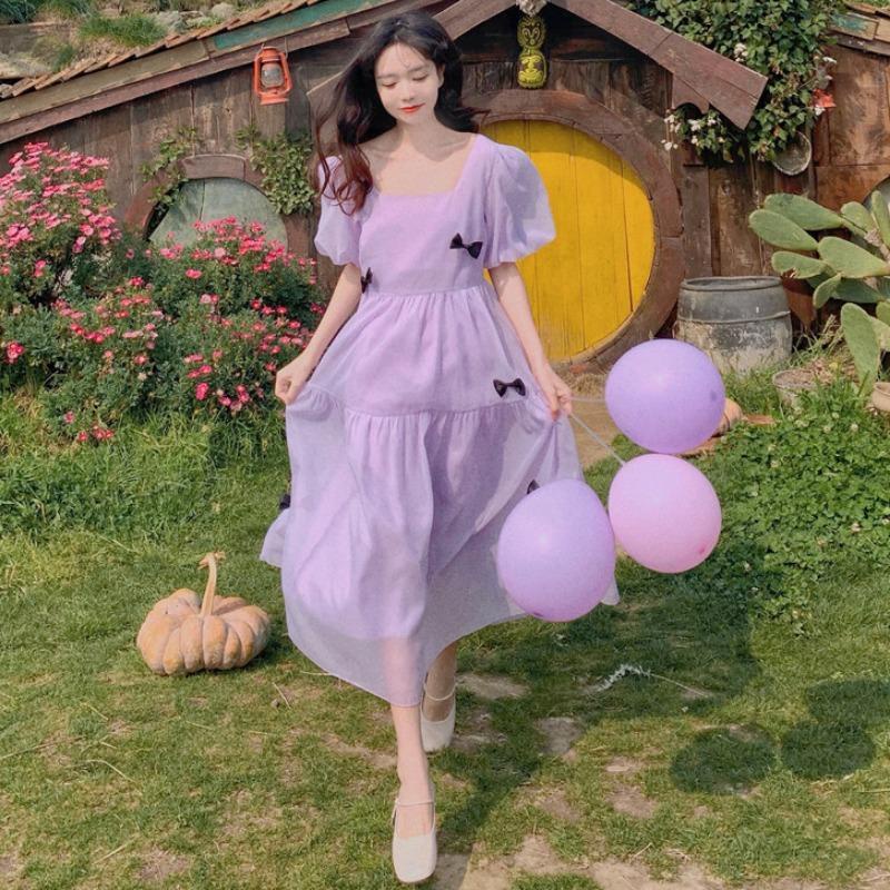 Đầm Tay Phồng Màu Sắc Đơn Giản Cho Nữ