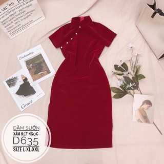 Bigsize Đầm sườn xám kết ngọc D635