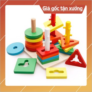 [Shopee Trợ Giá] - Đồ Chơi Gỗ - Thả Hình, Luồn Cọc 4 Hình Khối Cơ Bản Chợ Thật
