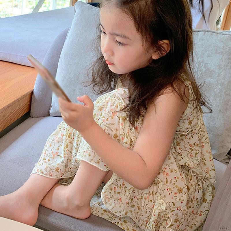 Đầm công chúa hai dây cổ chữ v in họa tiết hoa thời trang mùa hè cho bé gái 3-8 tuổi