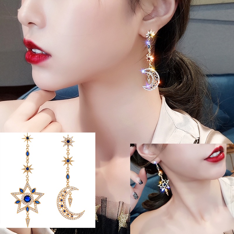 Bông Tai Dáng Dài Hình Mặt Trăng Ngôi Sao Đính Đá Thời Trang Cho Nữ