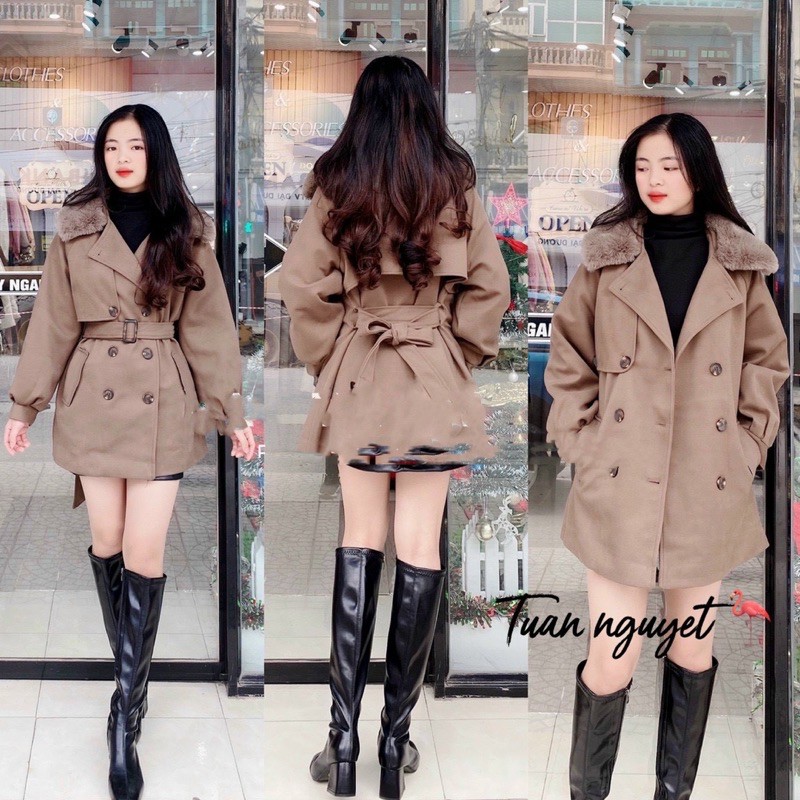 [ MÃ 1802 ] ÁO KHOÁC DẠ CỔ LÔNG KÈM ĐAI TAY | BigBuy360 - bigbuy360.vn