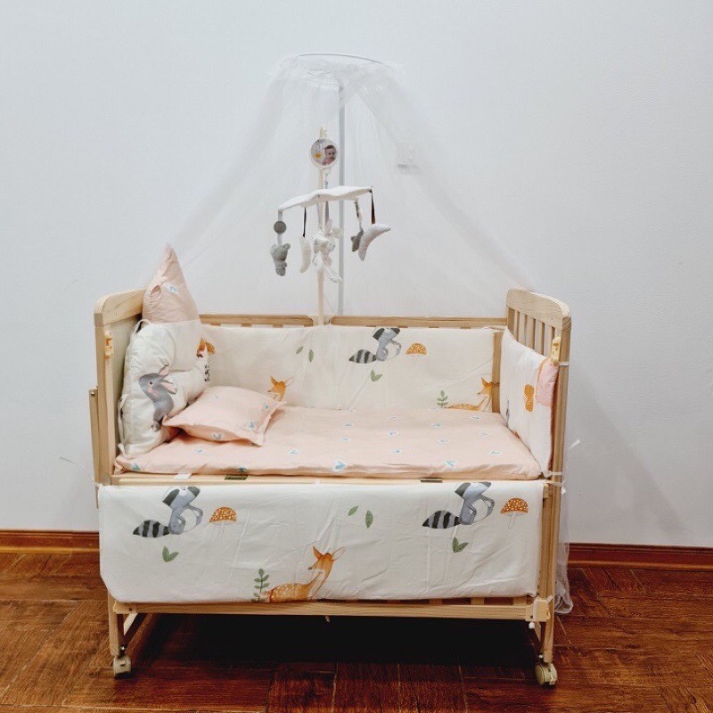 Cũi gỗ 2 tầng có đệm xơ dừa, quây hoàng gia, gối, màn size 105*60*90 chất liệu gỗ thông