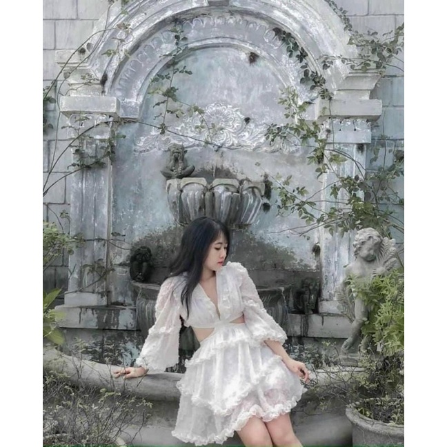 ĐẦM LÔNG VŨ TRẮNG XOÈ TAY DÀI HỞ LƯNG