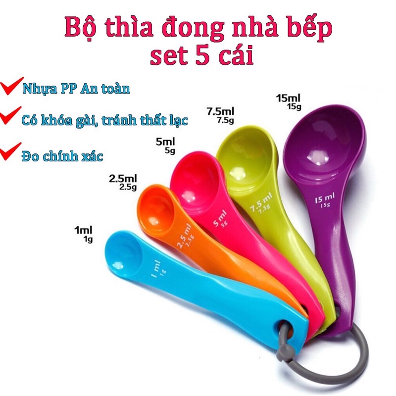 Set 5 Muỗng Đong Gia Vị - Bộ thìa đong, muỗng đong nhà bếp 5 món, thìa đo lường, định lượng bột, sữa,..bằng nhựa an toàn