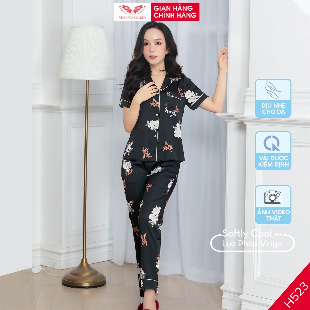Đồ bộ nữ Pijama mặc nhà Lụa cao cấp mùa hè VINGO tay ngắn quần dài hoa vàng nền đen trung niên H523 VNGO