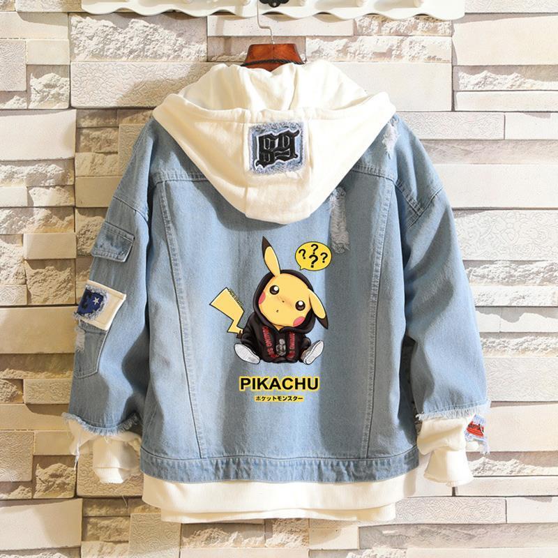 Áo Khoác Denim Có Mũ Trùm Đầu Hoạ Tiết Pikachu Phong Cách Thời Trang Harajuku Cho Cặp Đôi