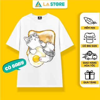 Áo Thun Trắng Nam Nữ Mèo Bánh Mì Ốp La Dễ Thương Có Size Baby | LẠ STORE
