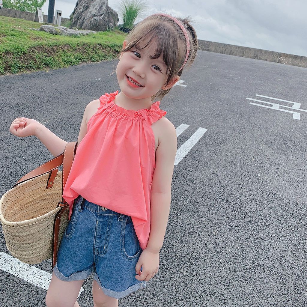 Áo không tay cổ tròn màu sắc đơn giản phong cách Hàn Quốc thời trang xinh xắn cho bé gái