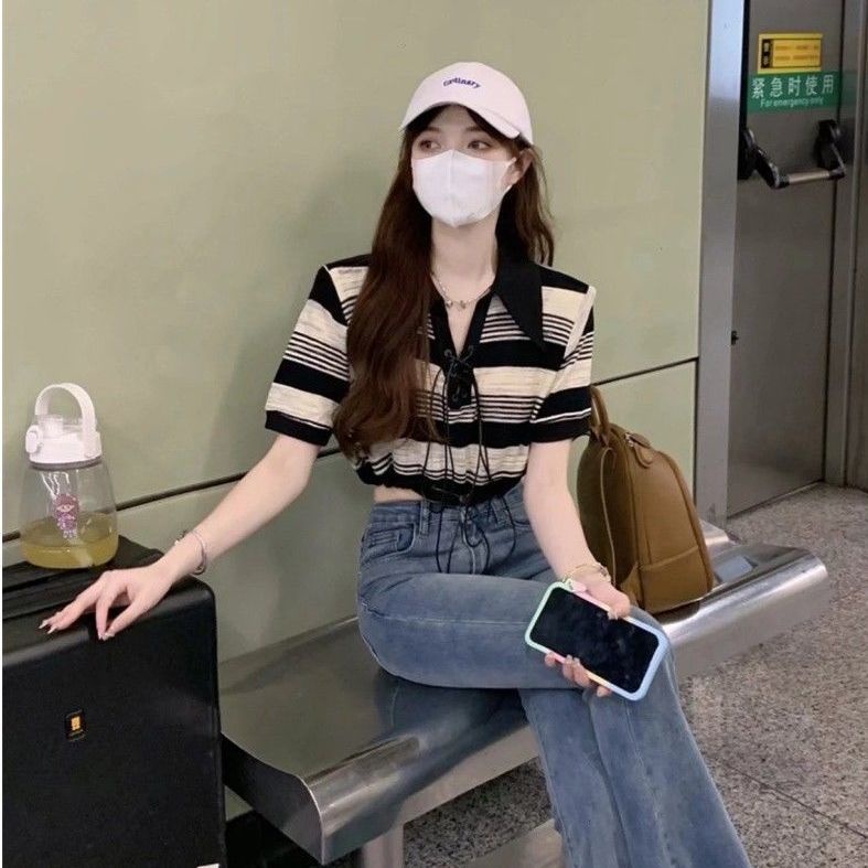 Áo Thun Croptop Ngắn Tay Thắt Dây Họa Tiết Kẻ Sọc Phong Cách Âu Mỹ Thời Trang Mùa Hè Hàng Mới Dành Cho Nữ 2022