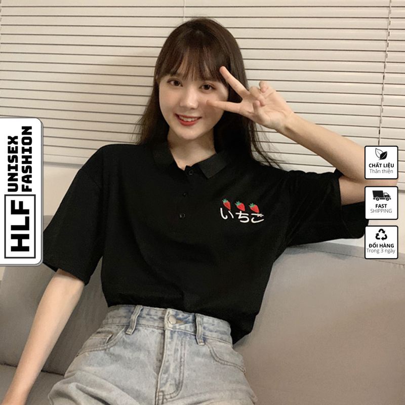 Áo thun polo cổ trụ unisex Ulzzang 3 quả dâu, áo thun có cổ HLFashion