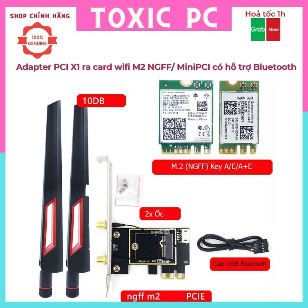 Bộ đầu chuyển adapter PCIe X1 ra card wifi M2 NGFF/ MiniPCI có hỗ trợ Bluetooth, KHÔNG KÈM CARD WIFI