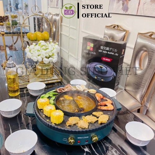 Bếp Lẩu Nướng Đa Năng 2 Ngăn MISU CHÍNH HÃNG 1500W, Có 2 Mâm Nhiệt Chống Dính An Toàn. Bếp lẩu nướng MISU