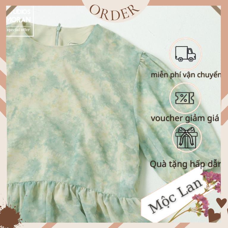 (MộcLan ORDER)  Váy MORAN voan hoa xanh loang pastel thun eo xòe dài bồng bồng vintage tiểu thư nhẹ nhàng | BigBuy360 - bigbuy360.vn