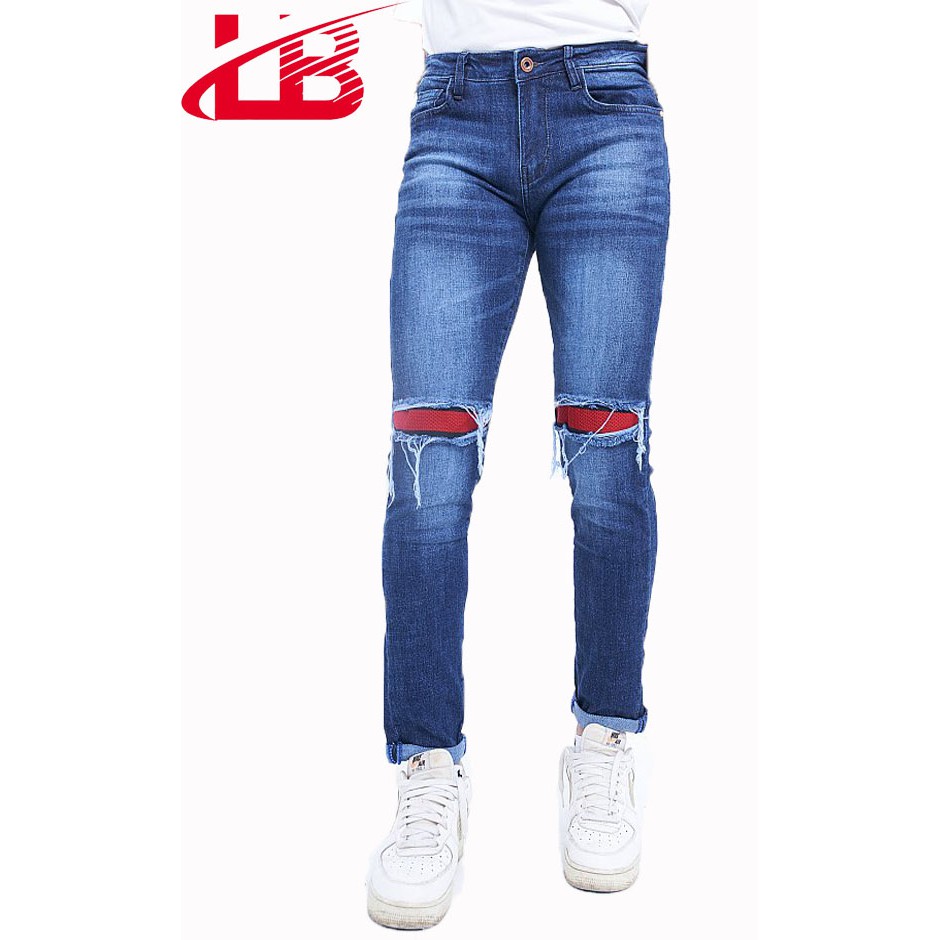 Quần jeans dài nam LB màu xanh rách đắp gối màu xanh jean phom body DNB thumbnail
