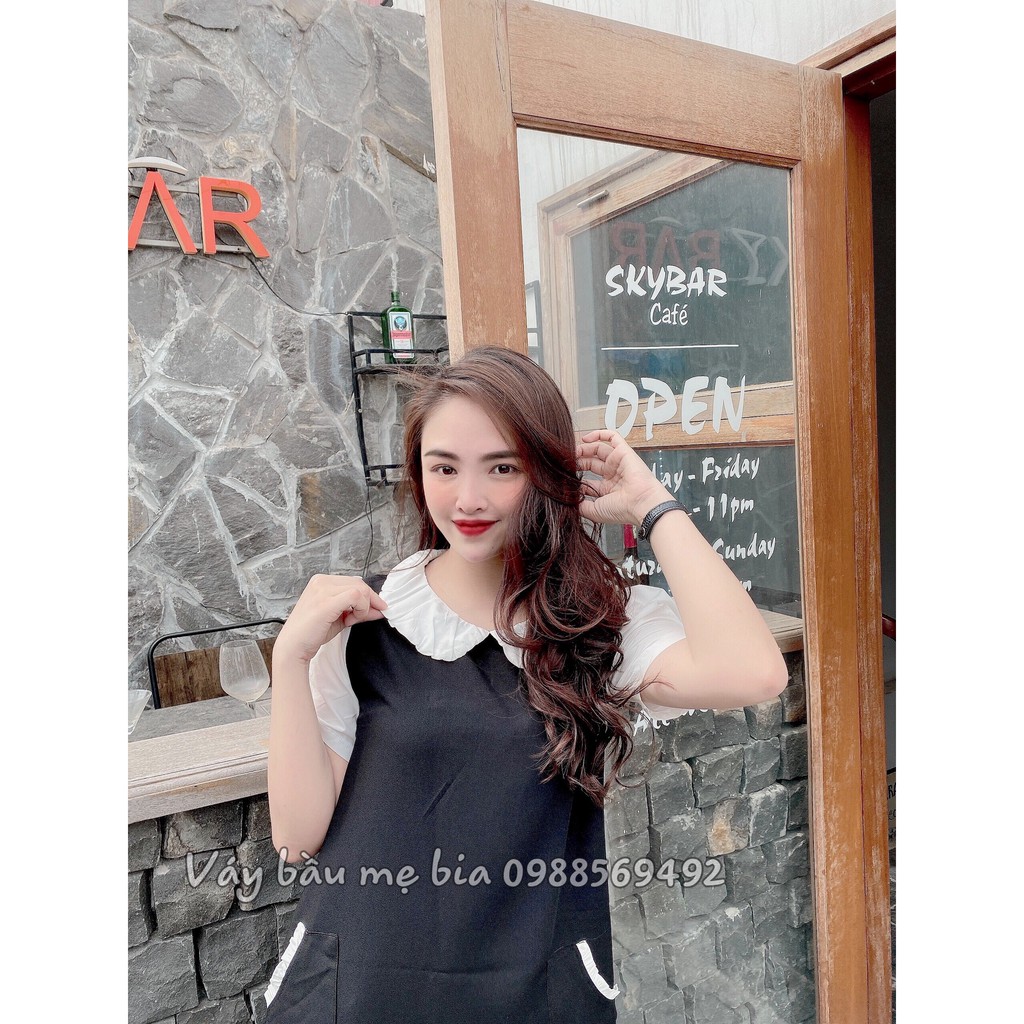 Váy bầu bigsize - Đầm bầu thiết kế GuMe màu Đen Tay Bo Cổ Trắng Bèo Dáng Suông size 40-100kg  MB210 - ảnh thật