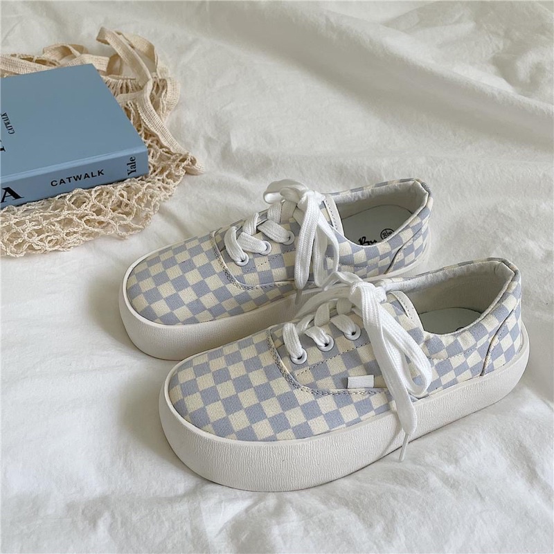 Giày thể thao nữ caro màu ấm đế bánh mì siêu êm chân phong cách Ullzang