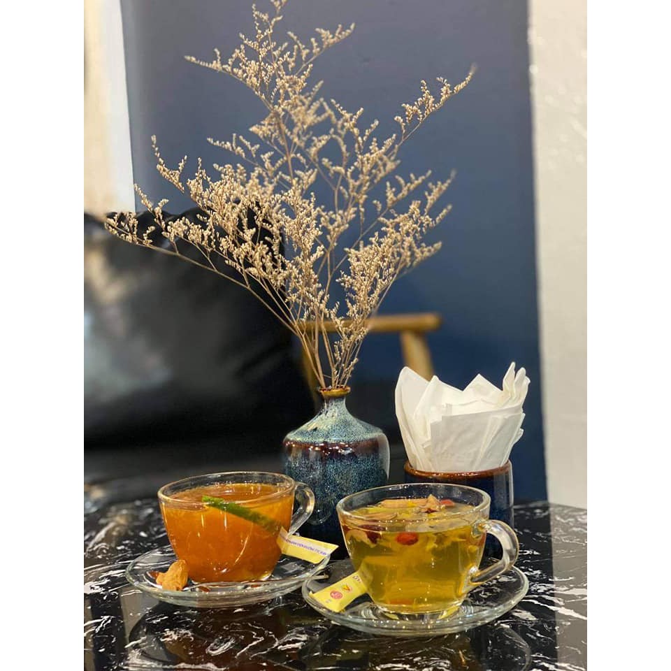Bộ cốc + đĩa thủy tinh pha trà hoa