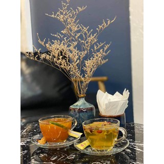 Bộ cốc + đĩa thủy tinh pha trà hoa