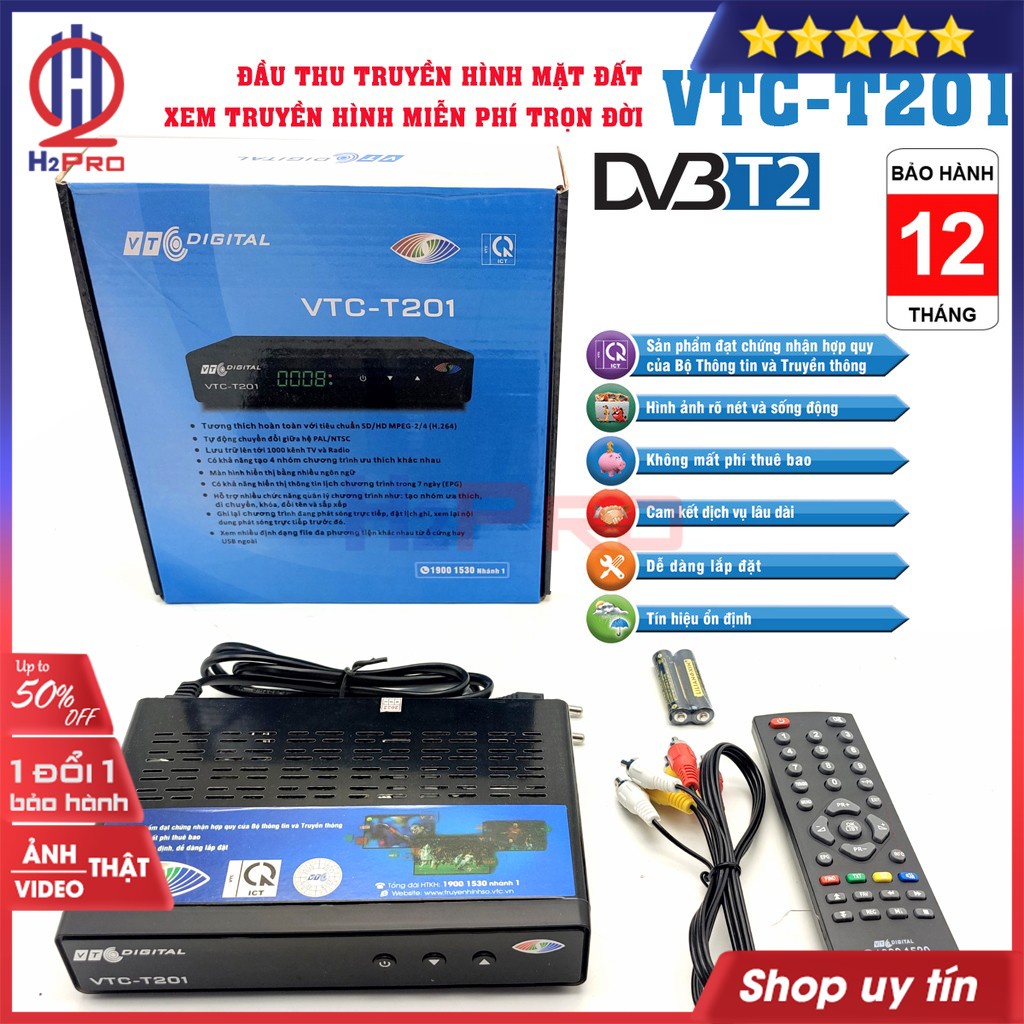 Đầu Thu Kỹ Thuật Số DVB T2 VTC-T201 Xem Truyền Hình Miễn Phí-Sắc Nét-Đa Kênh, Đầu Thu DVB T2 Cao Cấp-H2pro Tech