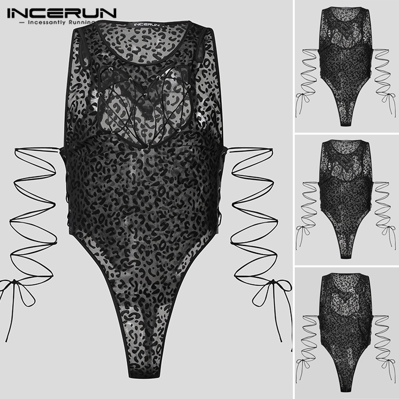 Bộ áo liền quần INCERUN thiết kế không tay xuyên thấu họa tiết da báo quyến rũ cho nam