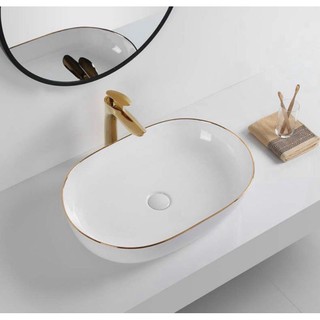 Chậu lavabo, chậu rửa mặt oval trắng viền vàng SA-5019