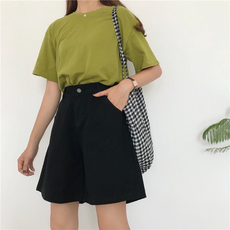 Quần Short Denim Lưng Cao Ống Rộng Phong Cách Hàn Quốc Thời Trang Mùa Hè Cho Nữ