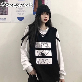 (ORDER) Set nữ ulzzang áo thun dài tay cổ tròn + áo gile đen hình anime phong cách Nhật Bản