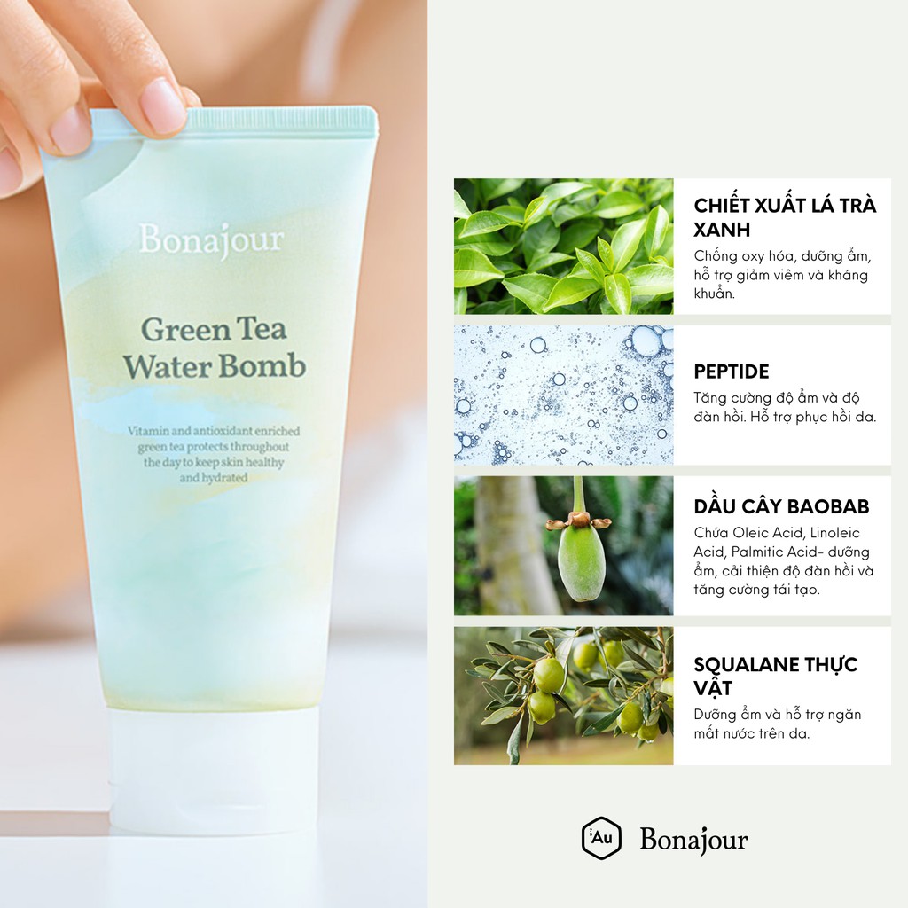 BONAJOUR | Kem Dưỡng Trà Xanh Cải Thiện Độ Ẩm &amp; Đàn Hồi - Green Tea Water Bomb Cream 100mL [Hàng Chính Hãng từ Bonajour]