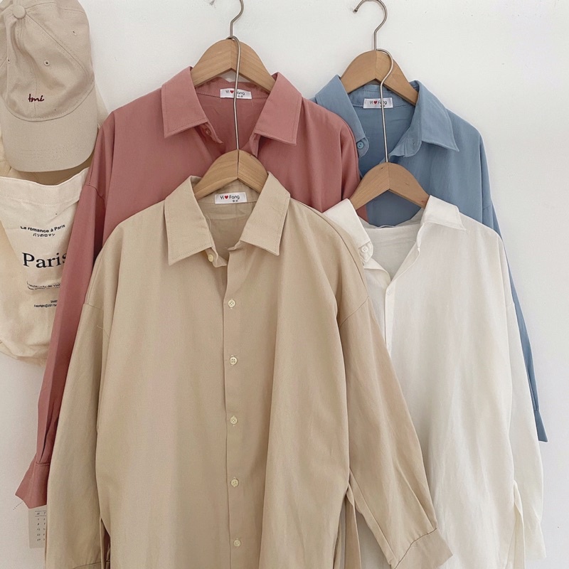 Váy sơmi trơn dáng suông dài tay kèm đai