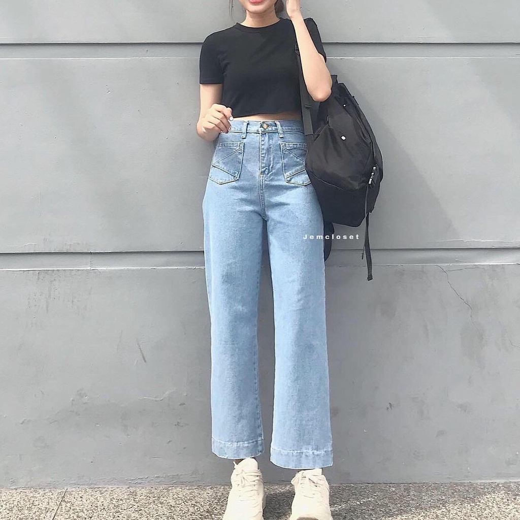 Quần Jean Ống Suông JEM CLOSET Basic Màu Xanh Quần Baggy Nữ Thiết Kế 2 Túi Đằng Trước Cá Tính Mặc Siêu Tôn Dáng 2101