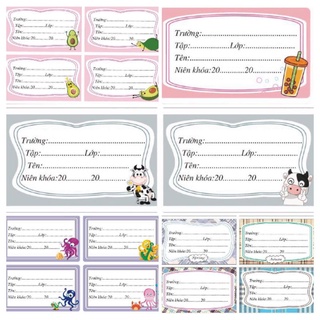 Bịch 4 tờ (40 miếng lẻ) nhãn vở dán tập dễ thương mẫu bò sữa/trà sữa/bạch tuộc/bơ/bốn mùa