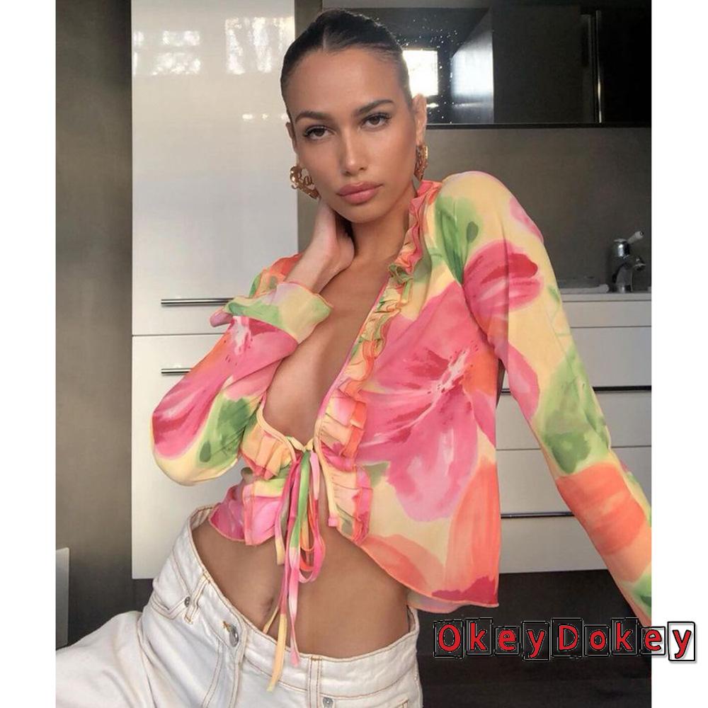 Áo Khoác Cardigan Tay Dài Dạng Xòe In Họa Tiết Hoa Xuyên Thấu Phong Cách BOHO Thời Trang Mùa Hè Cho Nữ