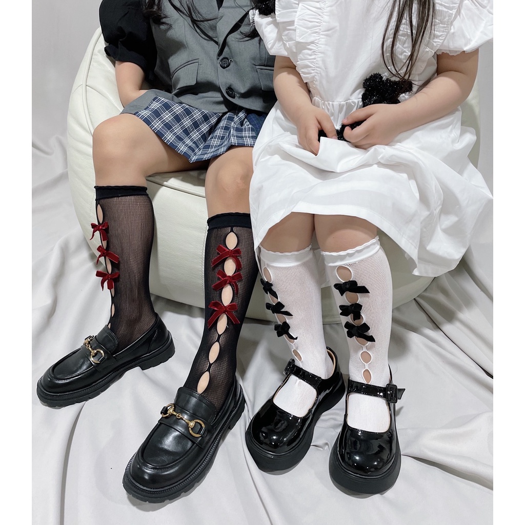 Đôi vớ dài đến đầu gối co giãn đính nơ phong cách lolita dành cho nữ