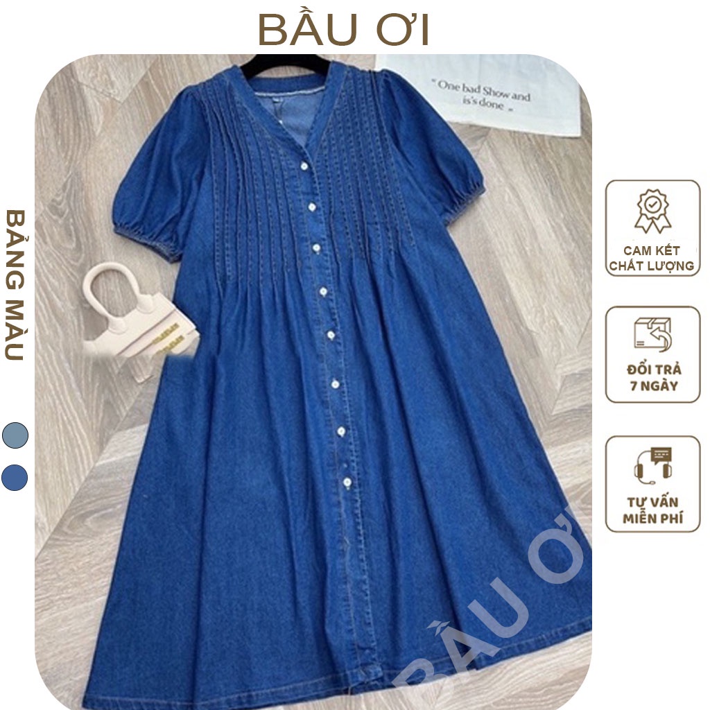 [BAUOII V118] VÁY SUÔNG JEAN CỔ V NGỰC XẾP LY DỌC TAY BỒNG CỰC XINH - ĐẦM BẦU BABYDOLL FROM RỘNG DÁNG XÒE