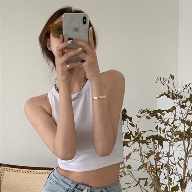Áo croptop không tay cổ tròn ôm dáng dệt kim thời trang | BigBuy360 - bigbuy360.vn