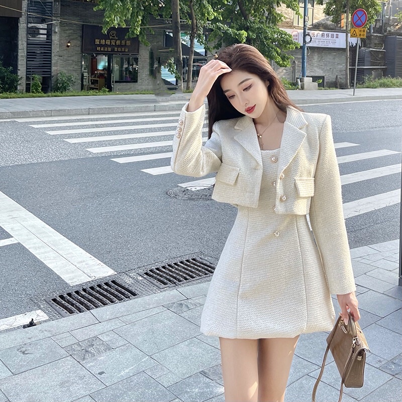 Set váy hai dây + áo khoác croptop dạ tweed sang chảnh